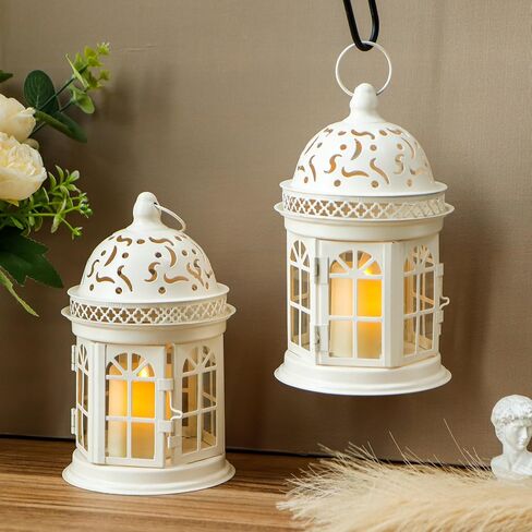 JHY DESIGN Set of 2 Decorative Lanterns-8.5inch High Vintage Style Hanging Lantern Metal Candle Holder for Indoor Outdoor Events Parities and Weddings (Black) in Saudi Arabia