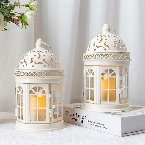 JHY DESIGN Set of 2 Decorative Lanterns-8.5inch High Vintage Style Hanging Lantern Metal Candle Holder for Indoor Outdoor Events Parities and Weddings (Black) in Saudi Arabia