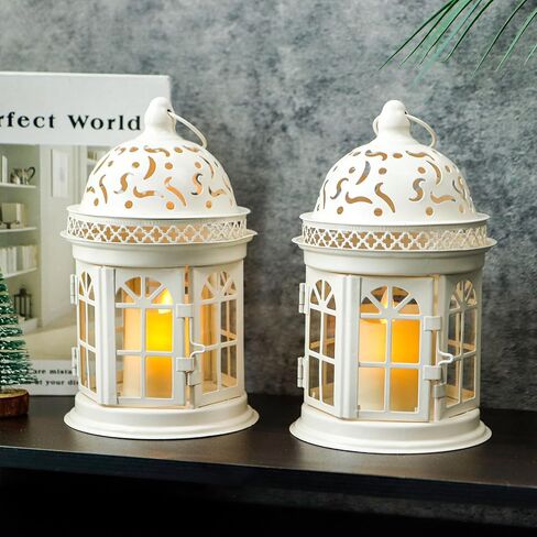JHY DESIGN Set of 2 Decorative Lanterns-8.5inch High Vintage Style Hanging Lantern Metal Candle Holder for Indoor Outdoor Events Parities and Weddings (Black) in Saudi Arabia