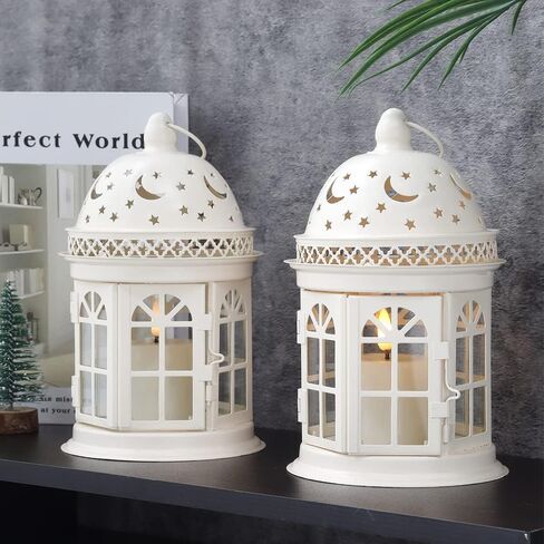 JHY DESIGN Set of 2 Decorative Lanterns-8.5inch High Vintage Style Hanging Lantern Metal Candle Holder for Indoor Outdoor Events Parities and Weddings (Black) in Saudi Arabia