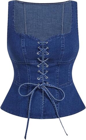 Makemechic Women's Denim Step Tie Tie Urbless Front Fronted Y2K Jean Steps Tank Top Top in Saudi Arabia