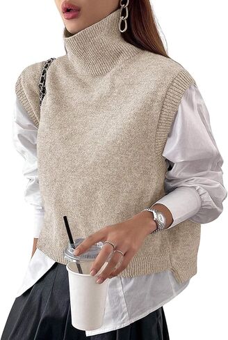 Women Turtleneck Crop Sweater Vest Sleeveless High Neck Solid Loose Fit Knitted Causal Jumper Top Streetwear in Kuwait