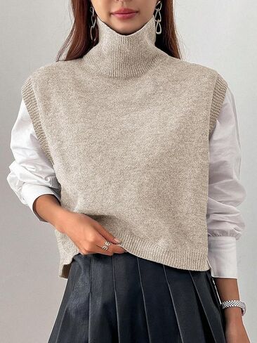 Women Turtleneck Crop Sweater Vest Sleeveless High Neck Solid Loose Fit Knitted Causal Jumper Top Streetwear in Kuwait