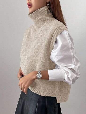 Women Turtleneck Crop Sweater Vest Sleeveless High Neck Solid Loose Fit Knitted Causal Jumper Top Streetwear in Kuwait