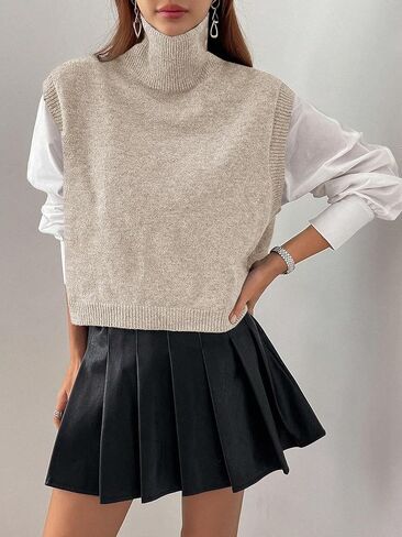 Women Turtleneck Crop Sweater Vest Sleeveless High Neck Solid Loose Fit Knitted Causal Jumper Top Streetwear in Kuwait