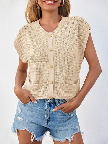 Saodimallsu Womens Cap Sleeve سترة سترة كروشيه زر in Kuwait