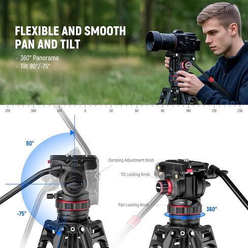 NEEWER 74" Pro Video Tripod with Fluid Head, QR Plate Compatible with DJI RS Gimbals Manfrotto, Heavy Duty Camera Tripod with Telescopic Handle Scaled Base for DSLR, Max Load 17.6lb/8kg, TP74 in Kuwait