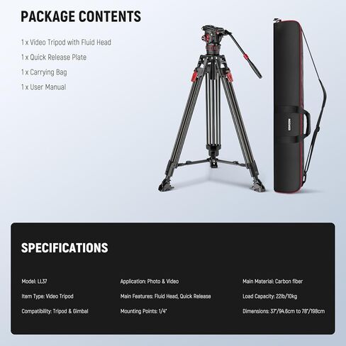 NEEWER 74" Pro Video Tripod with Fluid Head, QR Plate Compatible with DJI RS Gimbals Manfrotto, Heavy Duty Camera Tripod with Telescopic Handle Scaled Base for DSLR, Max Load 17.6lb/8kg, TP74 in Kuwait