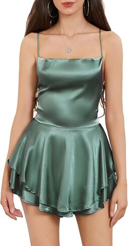Women Sexy Dress Backless Short Romper Cowl Neck Tie Ruffle Layer Spaghetti Strap Jumpsuit Mini Dress in Saudi Arabia