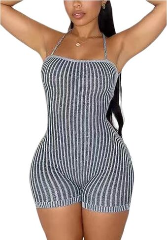 Women's Sexy Backless Short Jumpsuit Sleeveless Tie Back Knitted Bodycon Rompers One Piece Short Bodysuit in Saudi Arabia