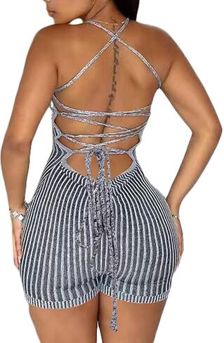 Women's Sexy Backless Short Jumpsuit Sleeveless Tie Back Knitted Bodycon Rompers One Piece Short Bodysuit in Saudi Arabia