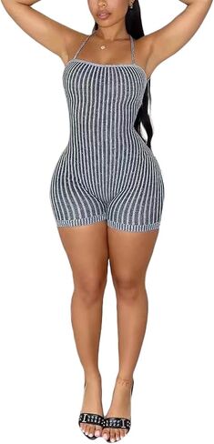 Women's Sexy Backless Short Jumpsuit Sleeveless Tie Back Knitted Bodycon Rompers One Piece Short Bodysuit in Saudi Arabia