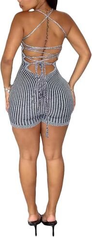 Women's Sexy Backless Short Jumpsuit Sleeveless Tie Back Knitted Bodycon Rompers One Piece Short Bodysuit in Saudi Arabia
