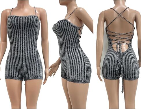 Women's Sexy Backless Short Jumpsuit Sleeveless Tie Back Knitted Bodycon Rompers One Piece Short Bodysuit in Saudi Arabia