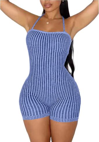 Women's Sexy Backless Short Jumpsuit Sleeveless Tie Back Knitted Bodycon Rompers One Piece Short Bodysuit in Saudi Arabia