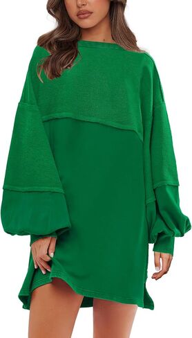 Yanekop Womens Oversized Sweatshirt Dress Patchwork Tunic Sweatshirts Crewneck Long Sleeve Spring Pullover Tops Side Slit in Saudi Arabia