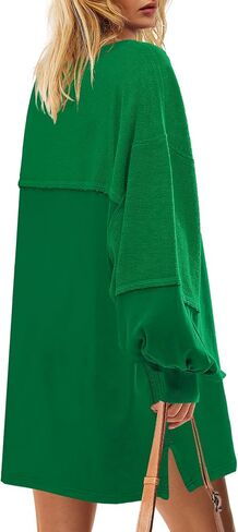 Yanekop Womens Oversized Sweatshirt Dress Patchwork Tunic Sweatshirts Crewneck Long Sleeve Spring Pullover Tops Side Slit in Saudi Arabia