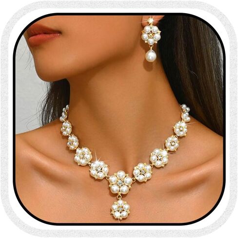 Unicra Gold Pearl Bridal Wedding Jewelry Set Rhinestone Necklace Earrings Sets Flower Formal Prom Costume Jewelry Sets for Women and Brides in Saudi Arabia