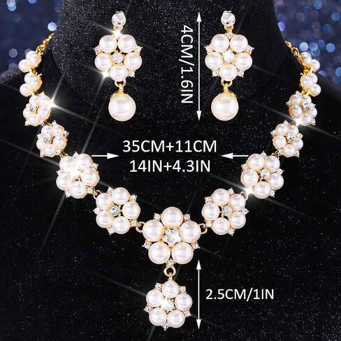 Unicra Gold Pearl Bridal Wedding Jewelry Set Rhinestone Necklace Earrings Sets Flower Formal Prom Costume Jewelry Sets for Women and Brides in Saudi Arabia