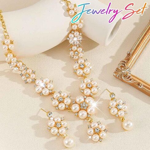 Unicra Gold Pearl Bridal Wedding Jewelry Set Rhinestone Necklace Earrings Sets Flower Formal Prom Costume Jewelry Sets for Women and Brides in Saudi Arabia