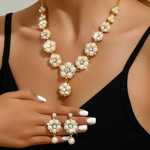 Unicra Gold Pearl Bridal Wedding Jewelry Set Rhinestone Necklace Earrings Sets Flower Formal Prom Costume Jewelry Sets for Women and Brides in Saudi Arabia