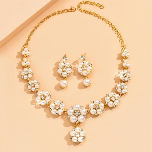 Unicra Gold Pearl Bridal Wedding Jewelry Set Rhinestone Necklace Earrings Sets Flower Formal Prom Costume Jewelry Sets for Women and Brides in Saudi Arabia