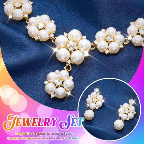Unicra Gold Pearl Bridal Wedding Jewelry Set Rhinestone Necklace Earrings Sets Flower Formal Prom Costume Jewelry Sets for Women and Brides in Saudi Arabia