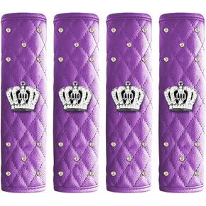 Dotesy 4 Packs Leather Seat Belt Shoulder Pads with Bling Rhinestones Car Seat Belt Covers for Women Universal Fit (Purple)