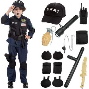 Police Officer Costume for Kids, Deluxe Play Kit for Boys Girls, Halloween Role Play