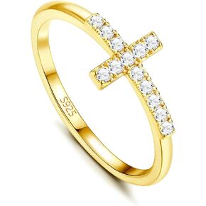 18K Gold Plated Cross Ring 925 Sterling Silver Rings Wedding Band for Women Cubic Zirconia Jewelry Promise Bands Gold Rings for Her Trendy CZ Accessories Statement Rings Size 6 to 10
