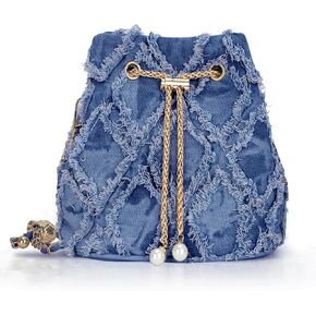 Denim Bucket Bag, Denim Purses for Women, Drawstring Blue Jean Crossbody Shoulder Purse Hobo Bag, for Commuting, Shopping, Dating (Blue)