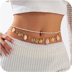Shell Starfish Waist Chain for Women Trendy Layered Seashell Starfish Belly Chain Conch Scallop Cowrie Shell Body Jewelry Summer Beach Bikini Mermaid Costume Accessories