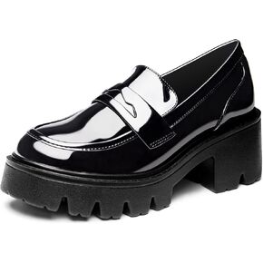 Black Penny Loafers for Women - Women's Slip-On Platform Patent Leather Loafers, Chunky Comfort Shoes for Work & Dressy Occasions