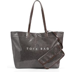 Lushandy PVC Tote Purse for Women, Plastic Tote Bag Large Letter Print Tote Bag for Work Trendy Kraft Paper Shoulder Hobo Bag