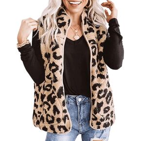 RINTONIX Womens Sleeveless Zip Up Fuzzy Leopard Sherpa Vest Coat with Pocket Cheetah Polar Fleece Zipper Vest Cardigan