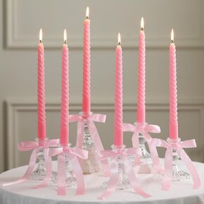 Mumufy 6 مجموعة شموع القوس الوردي Coquette Taper Candles مع حامل الشمعة Bow Bow Candlestick Holder Table Minctions Decorities Pink Higds for Coquette Bachelorette Bridal حفل زفاف