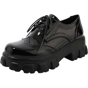 Parisuit Womens Lace Up Wingtip Chunky Oxford Shoes Patent Leather Platform Brogue Pumps