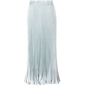ebossy Women's Boho Satin Metallic Pleated Accordion Skirts Elastic High Waist Flowy A Line Shirring Maxi Long Skirt (One Size, Silver)