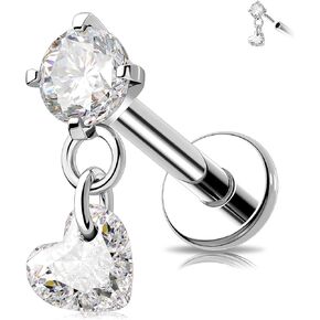 MeIighting 16G Dangle Threadless Earring Titanium G23 Tragus Stud Clear CZ Flat Back Heart Star Square Helix Piercing Jewelry Round Cartilage Jewellery for Women 6/8 mm