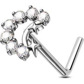 Jewseen Star L shaped Nose Stud 20G Moon Nose Piercing Jewelry Surgical Steel Nose Ring Clear CZ Nose Barbell Nose Bar for Women Men