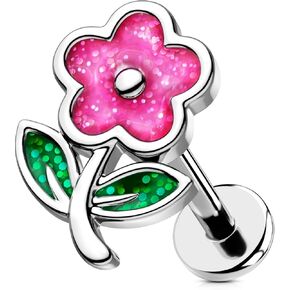 OUFER Pink Flower Helix Piercing Jewelry, Silver 16G 316L Surgical Steel Flat Back Earrings Studs, Internally Threaded Helix Cartilage Tragus Earrings for Women Men-6MM