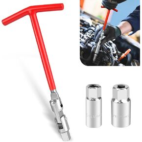 Spark Plug Socket, 5/8 Inch+13/16 Inch Hexagonal Spark Plug Socket Wrench, Rubber-Coated Carbon Steel 360 Degree Universal Joint Wrench T-Handle Removal Tol, for Trucks Cars (Red & Silver)