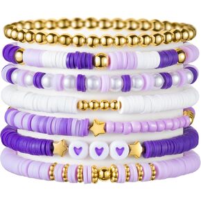 Y1tvei Purple Heishi Bead Bracelets - 7Pcs Purple Clay Bead Surfer Bracelet Set Stackable Gold Plated Stretch Bracelet Boho Layering Summer Beach Jewelry Friendship Bracelet for Women Girls