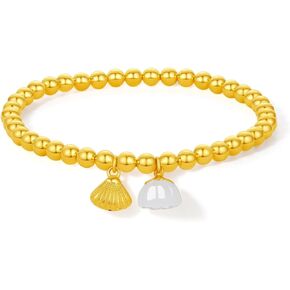 24K Solid Gold Beaded Bracelets White Jade Lucky Lotus Seedpod Stretch Bracelet Pure Gold Shell Charm Bracelet Fashion Jewelry for Women Wife Mom 6.3" Y1913654