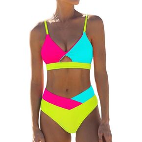 Women' s Neon Color Block Bikini V Cut Two Piece Swimsuits High Waisted Cut Out V Neck Bathing Suit Crisscross Back