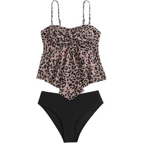 GORGLITTER Women's Leopard Cheetah Animal Print Tankini Set High Waisted Full Coverage Swimsuit