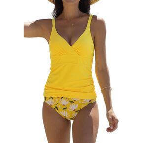 Beachsissi Women's Cute Floral Print Swimsuits V Neck Cross Tummy Control Tankini Set