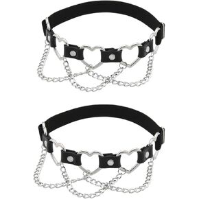2PCs Faux Leather Leg Garter with Chains, Elastic Rock 5-Hearts Thigh Garters Belt for Women, Black