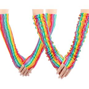 2 Pairs Rainbow Long Gloves Pride Day Rainbow Fishnet Fingerless Gloves, Stretchy Goth Gloves for Women Girls Pride Parade Halloween Rave Party