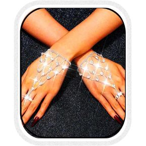 CASDRE Rhinestone Fingerless Wedding Gloves Sparkly Crystal Bridal Glove Prom Hand Chain Accessories for Women